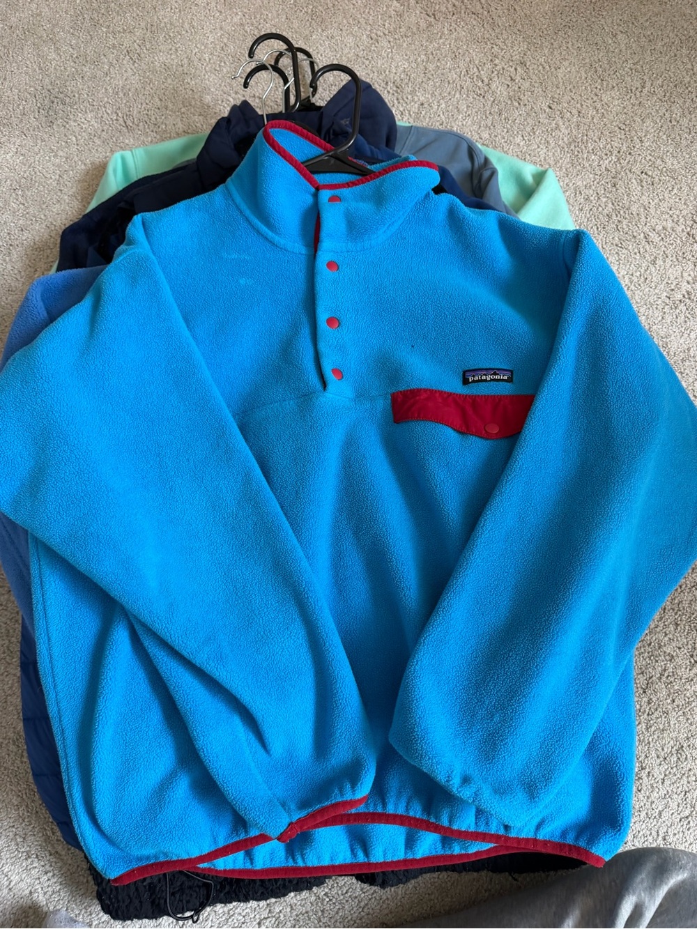 Patagonia Bright Blue Fleece Snap-T Pullover with Red Trim